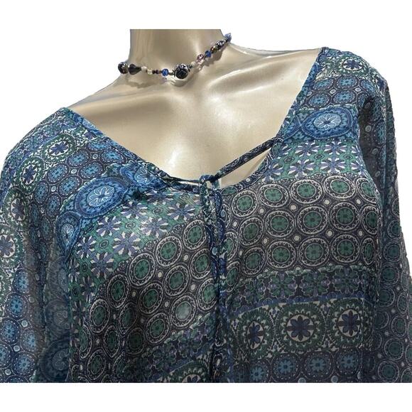 Women’s Rod Beattie Peasant Blue Sheer Boho Caftan Top Size Medium 8 10 - Picture 3 of 11